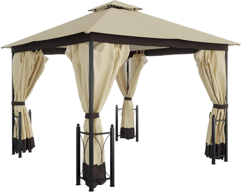 Grey Steel Frame Patio Gazebo with Netting and Curtains Q799251
