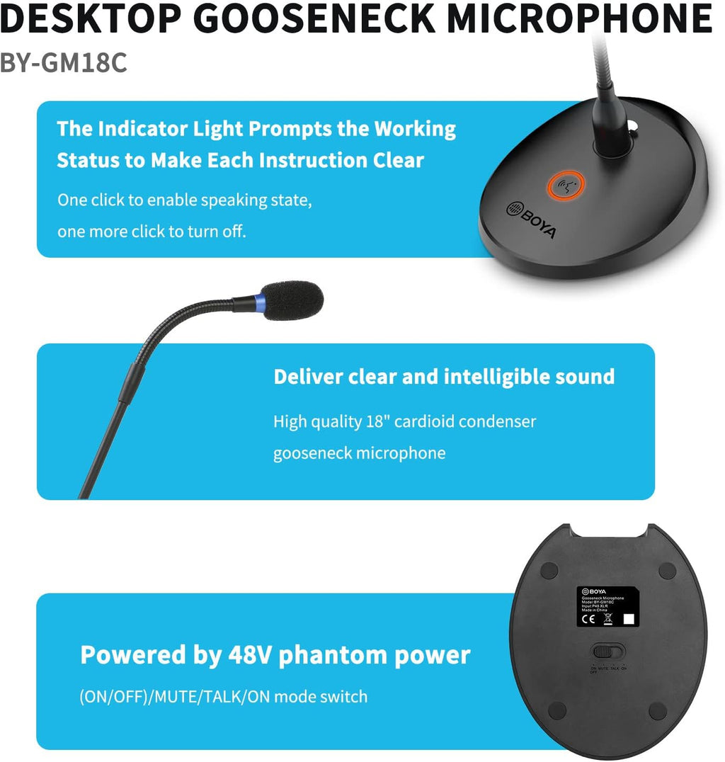 Desktop Gooseneck Condenser Microphone 18" with Mute Button LED Indicator XLR Mic I3563