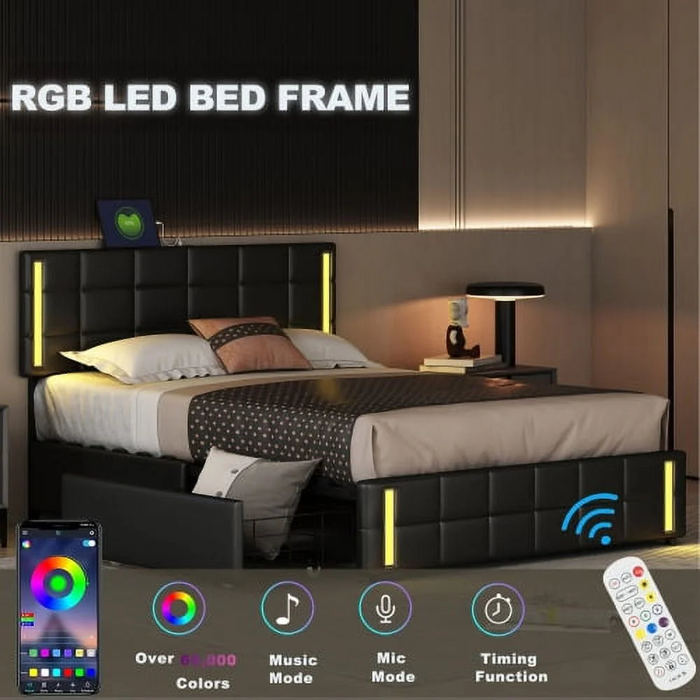 Queen Size Upholstered Platform Bed with LED Lights and USB Charging T1084