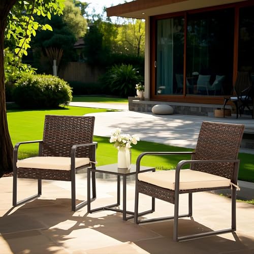 3 Piece Wicker Patio Bistro Set with Glass Coffee Table Q312
