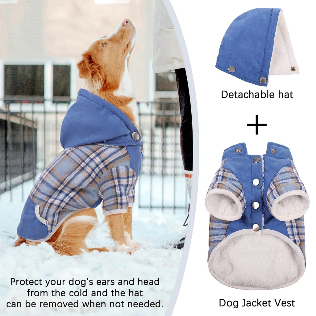 Plaid Dog Winter Coat with Hood Fleece Lining S52825