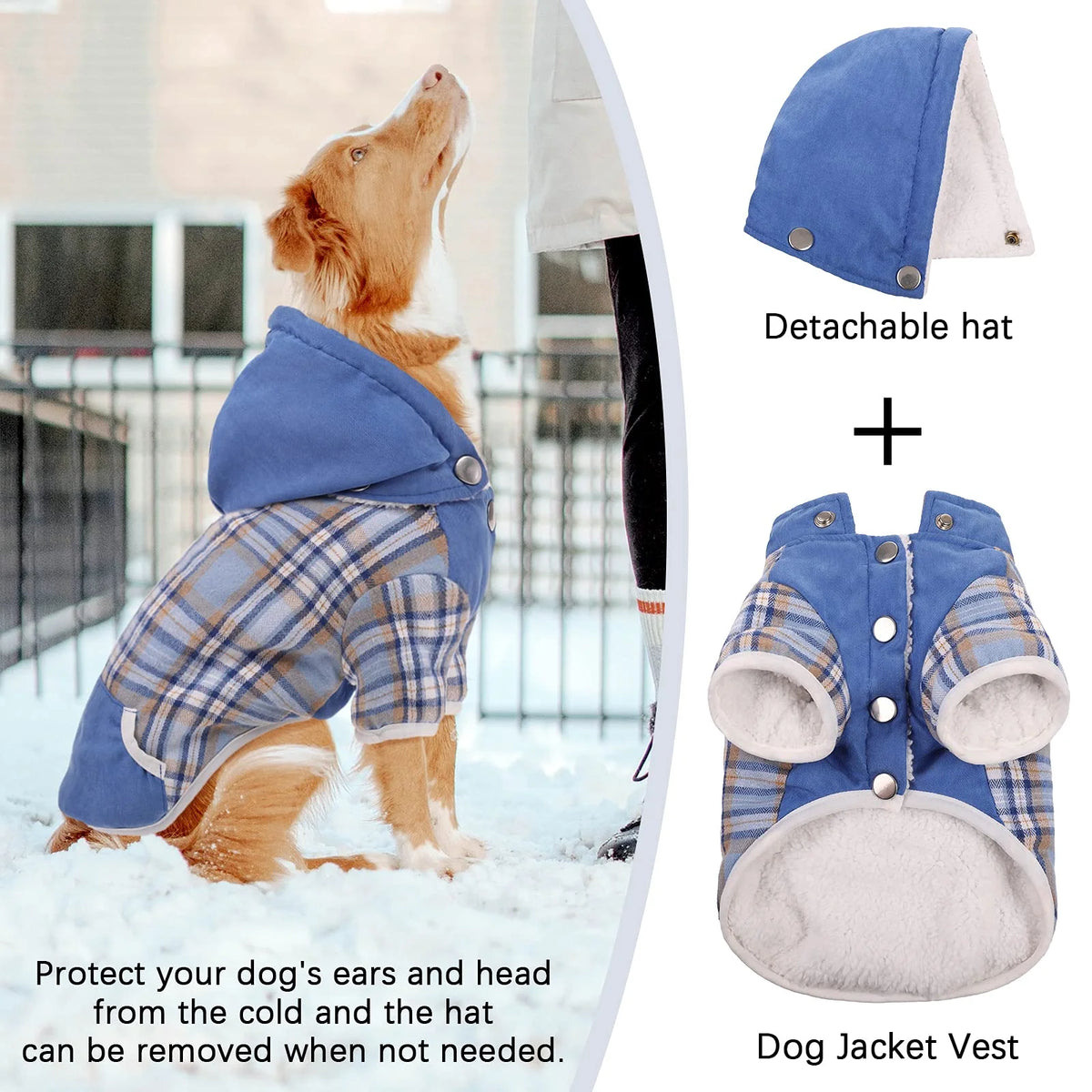 Plaid Dog Winter Coat with Hood Fleece Lining S52825