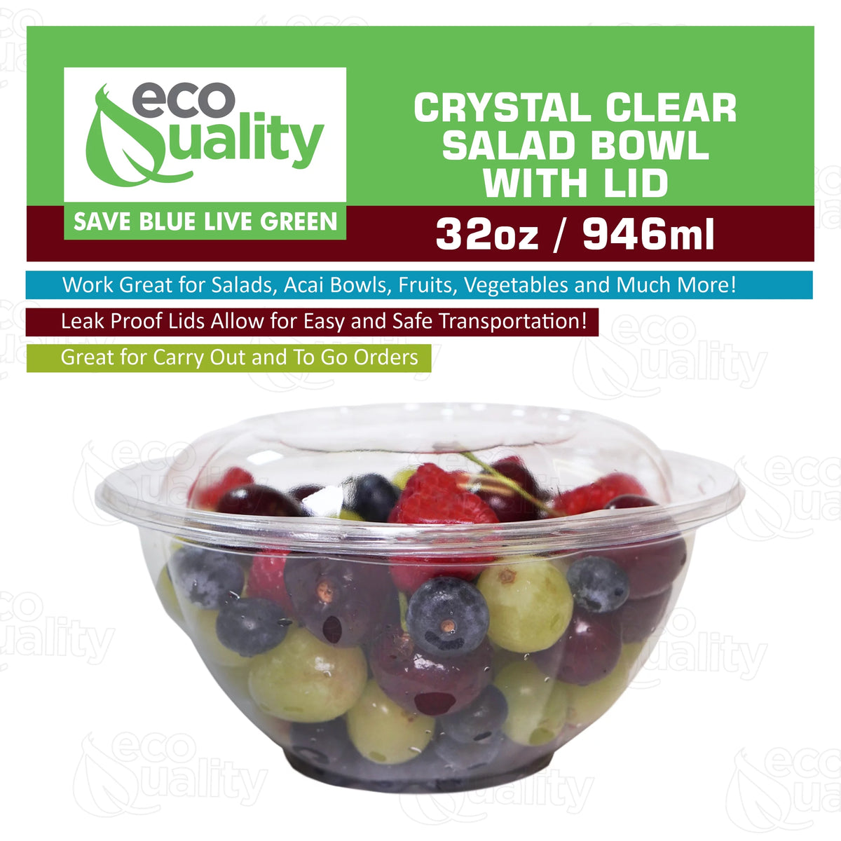 32oz Clear Disposable Salad Bowls with Lids W961