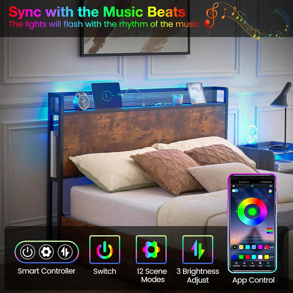 Queen Bed Frame with Storage Drawers and Charging Station D59369