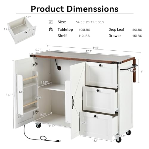 White Rolling Kitchen Cart Island with Drop Leaf H232204