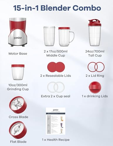 900W 15-Piece Personal Blender and Grinder Combo with 4 BPA-Free Portable Cup O988