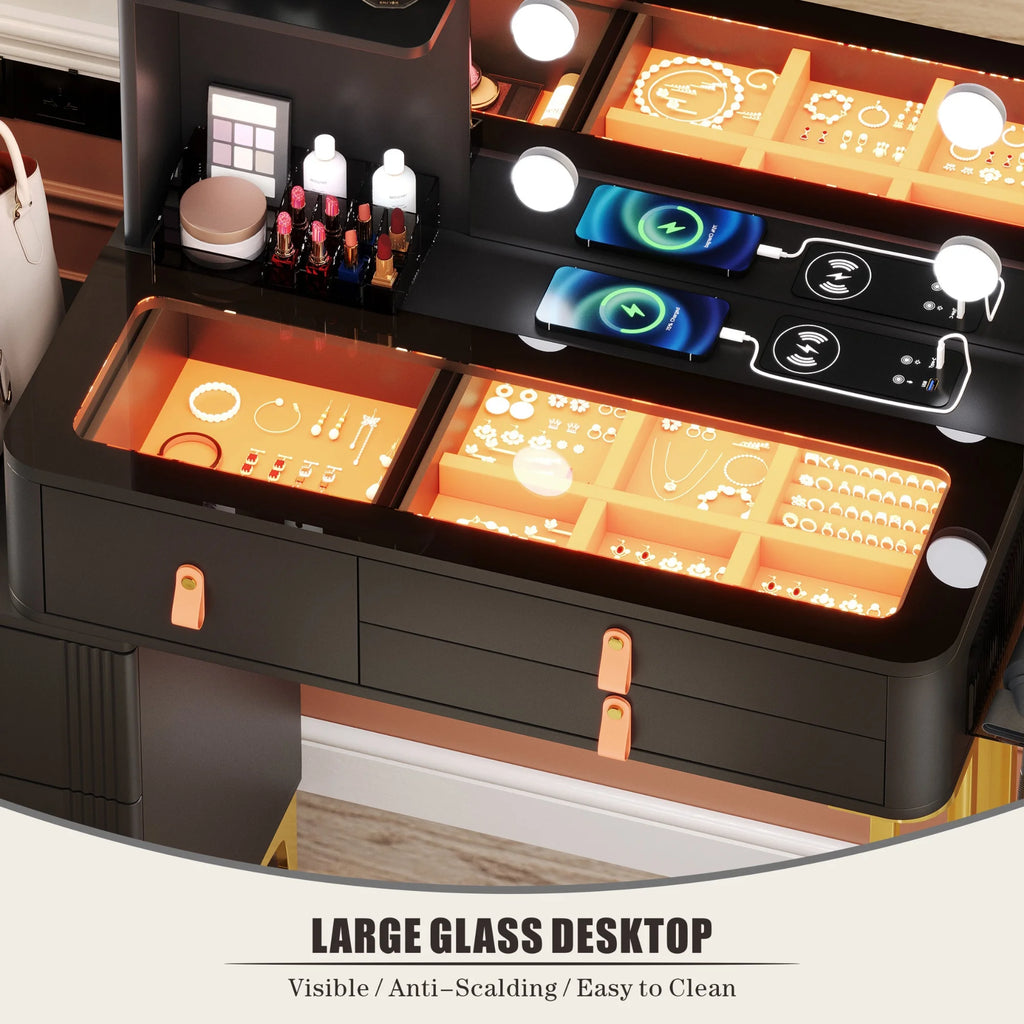Black Makeup Vanity Desk Set with Mirror and Led Lights D5938