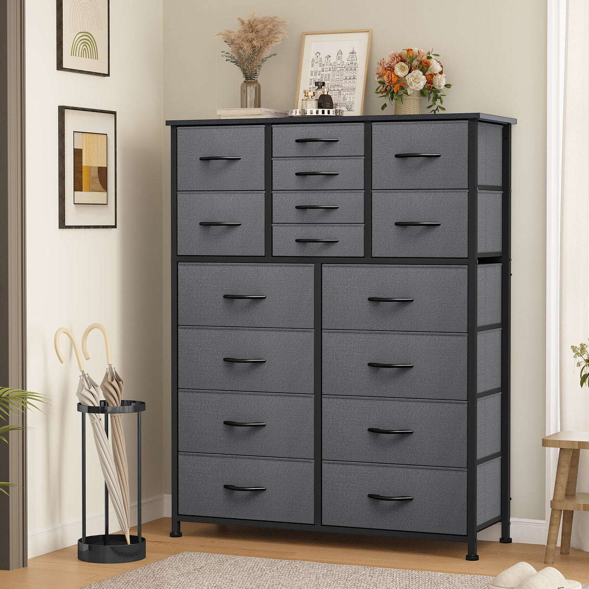 16 Drawer Fabric Dresser with Metal Frame and Wooden Top K479546