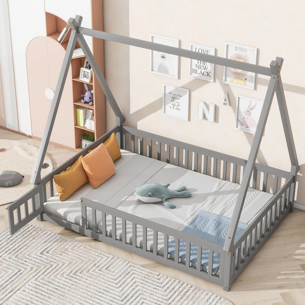 Grey Tent-shaped Floor Bed with Guardrails T716130