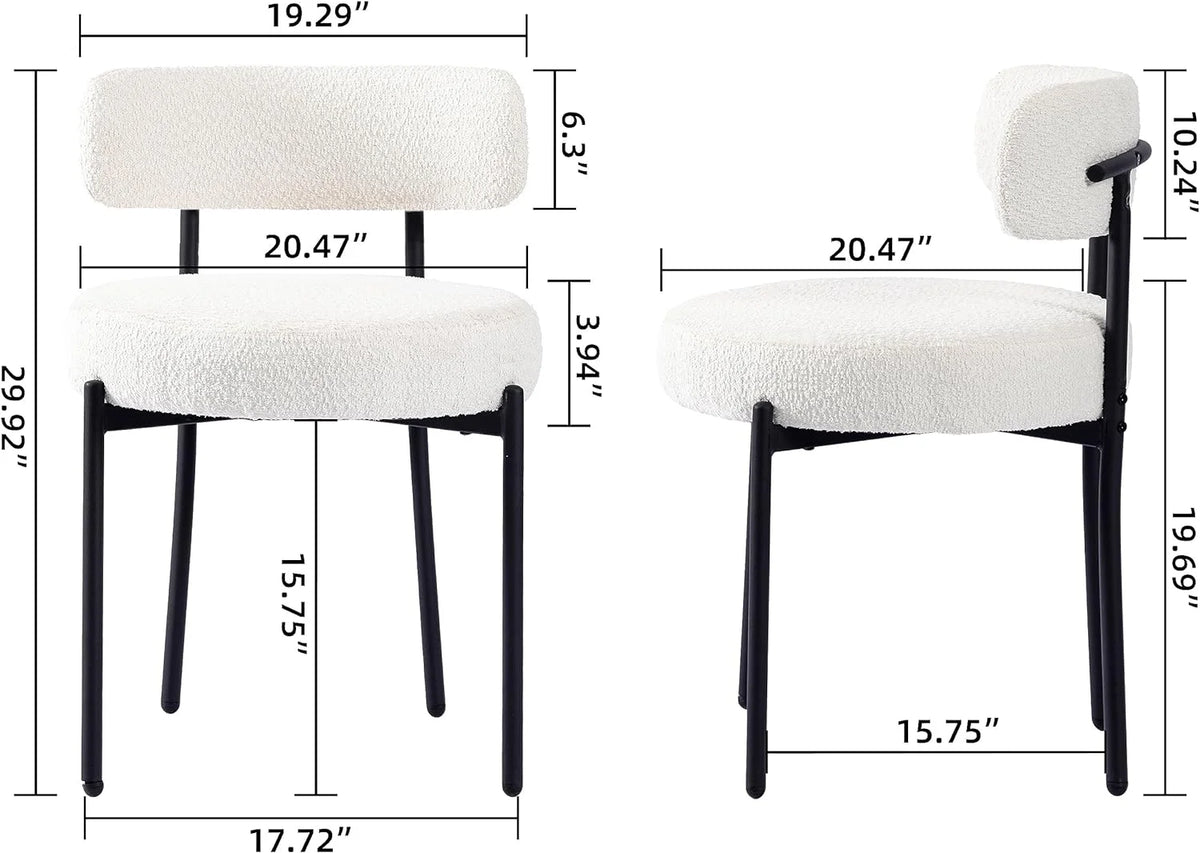 White Boucle Dining Chairs Set of 2 with Black Metal Legs D6547