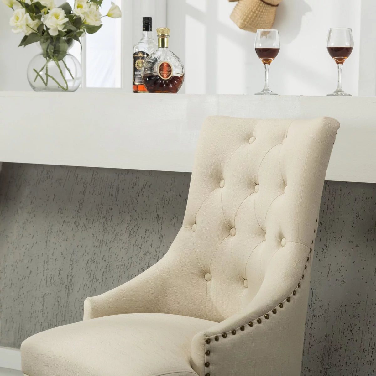 Tan Button Tufted Solid Wood Wingback Chairs Set of 2 G9410