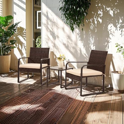 3 Piece Wicker Patio Bistro Set with Glass Coffee Table Q312