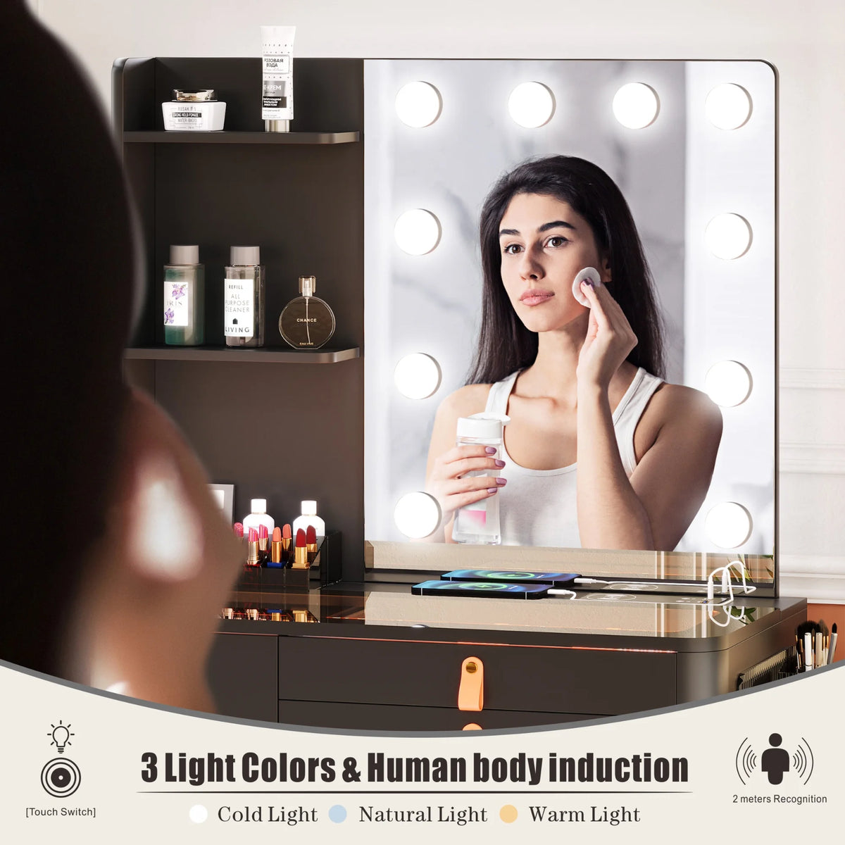 Black Makeup Vanity Desk Set with Mirror and Led Lights D5938