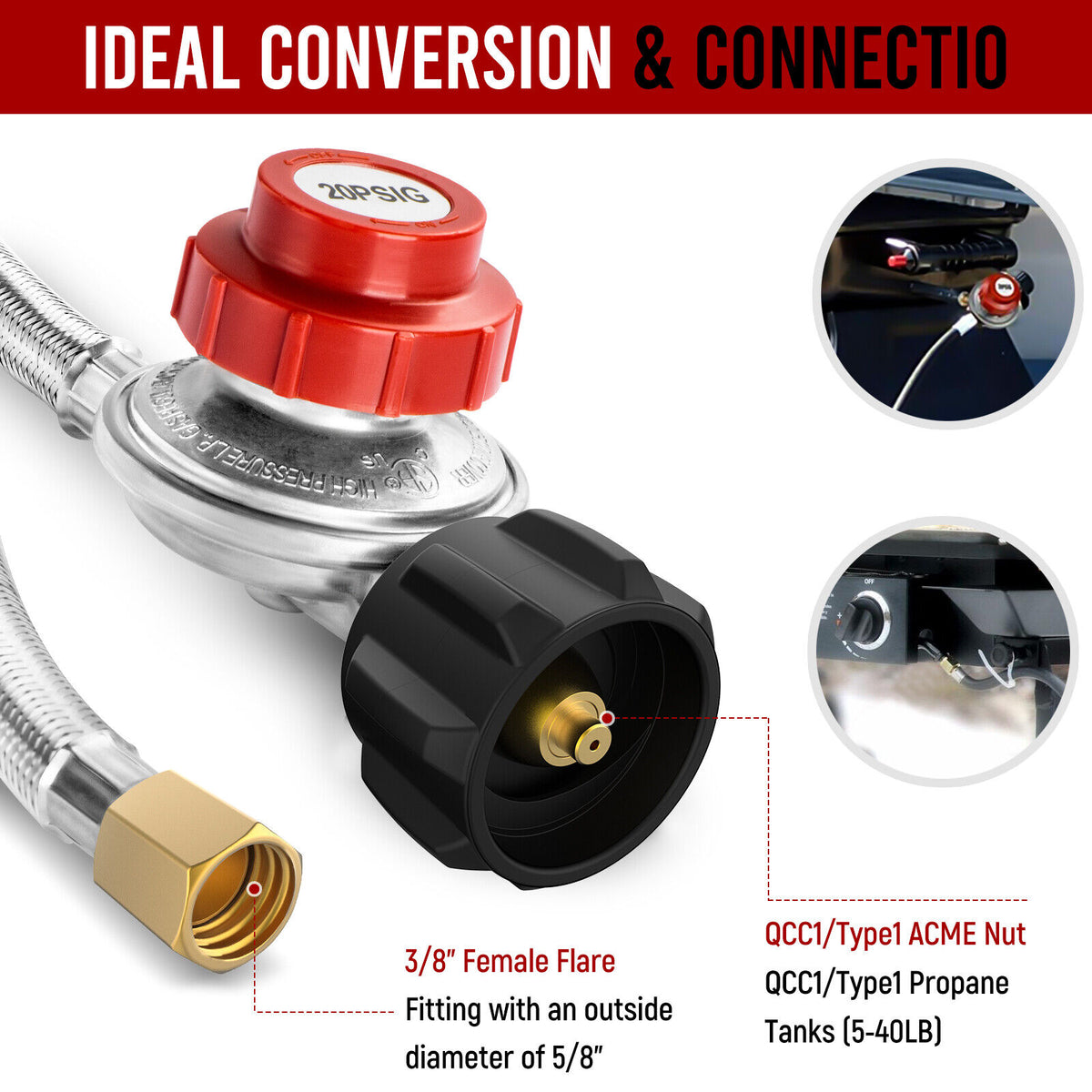 4FT Stainless Steel Braided Propane Gas Hose with Adjustable High Pressure Regulator X819