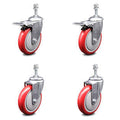 Set of 4 Red Polyurethane Swivel Threaded Stem Casters with Total Locking Z790