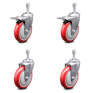 Set of 4 Red Polyurethane Swivel Threaded Stem Casters with Total Locking Z790