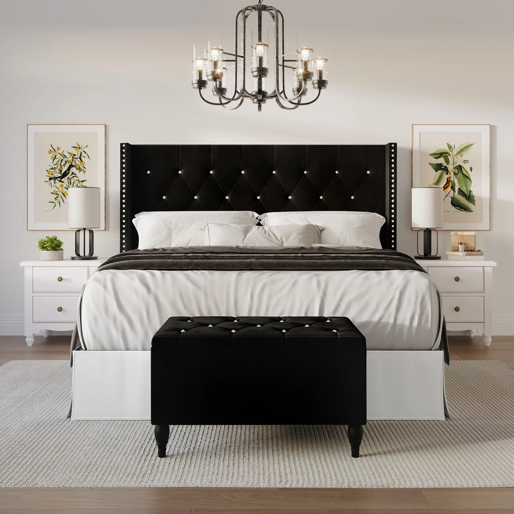 Black Velvet Upholstered Storage Bench Bed X93221