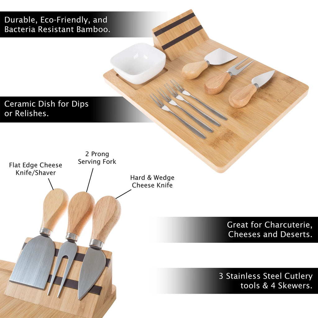 9 Piece Bamboo Cheese Serving Tray Set with Stainless Steel Cutlery and Dip Dish E675523