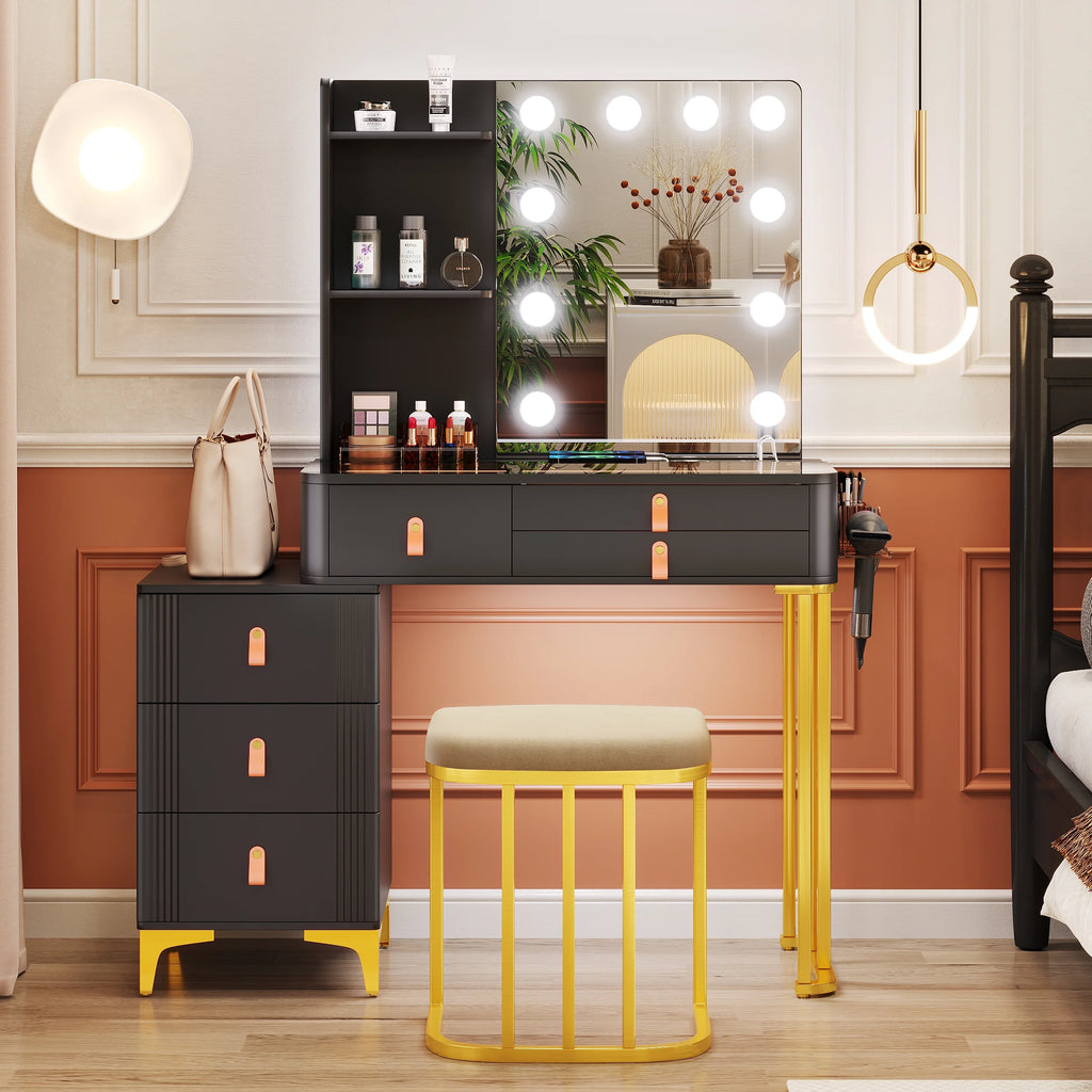 Black Makeup Vanity Desk Set with Mirror and Led Lights D5938