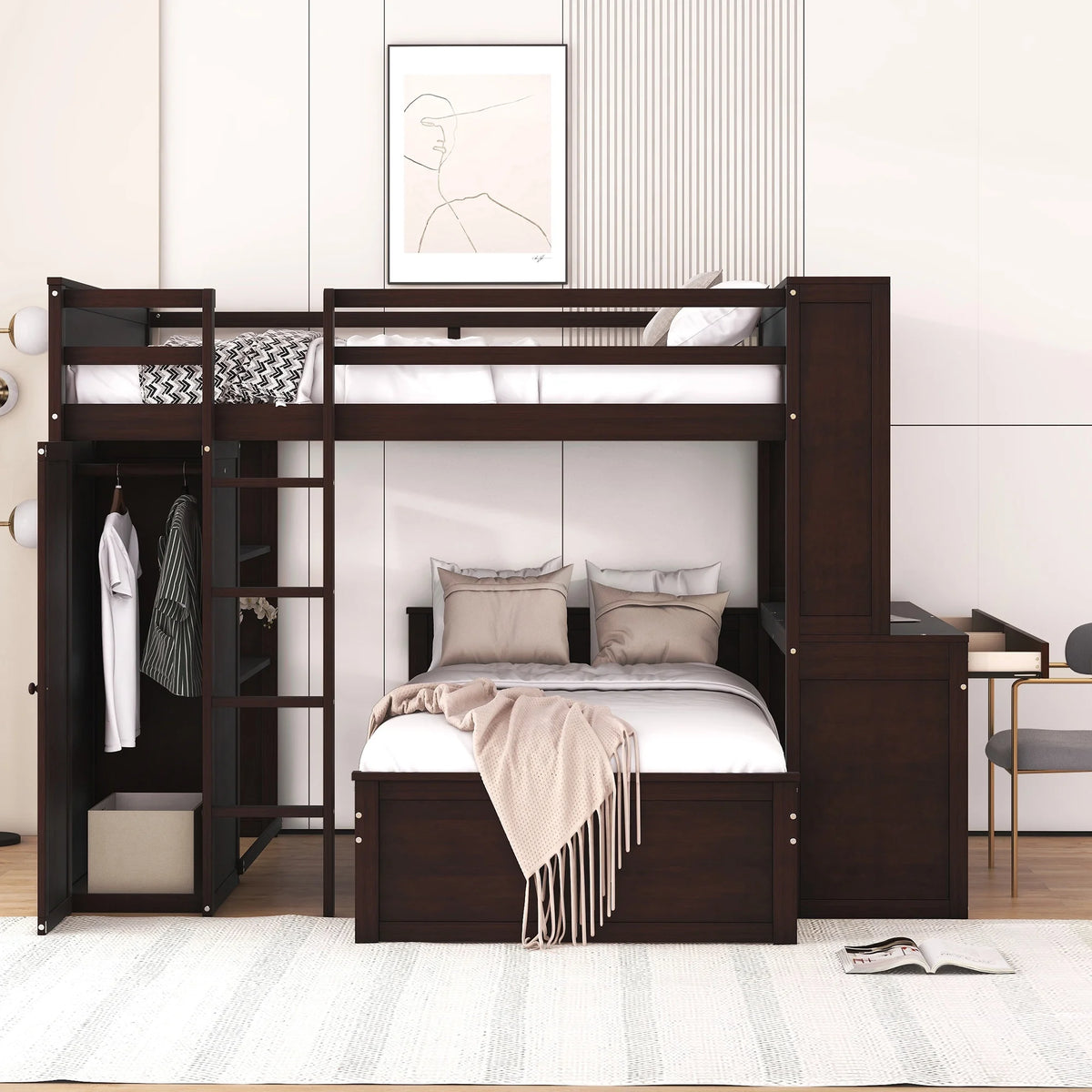 Twin Over Twin Solid Wood Bunk Bed with Storage F11951