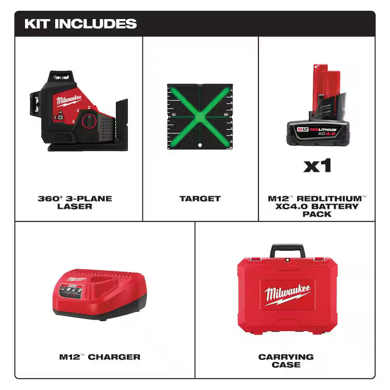 12-Volt Cordless Green 3-Plane Laser Level Kit O263556