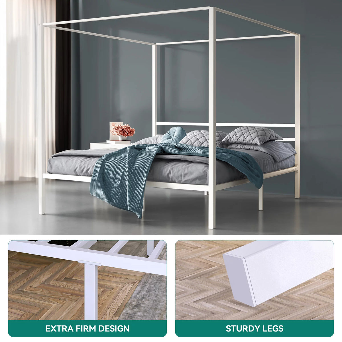 White 14 Inch Metal Canopy Platform Bed Frame with Headboard Twin Size O7281