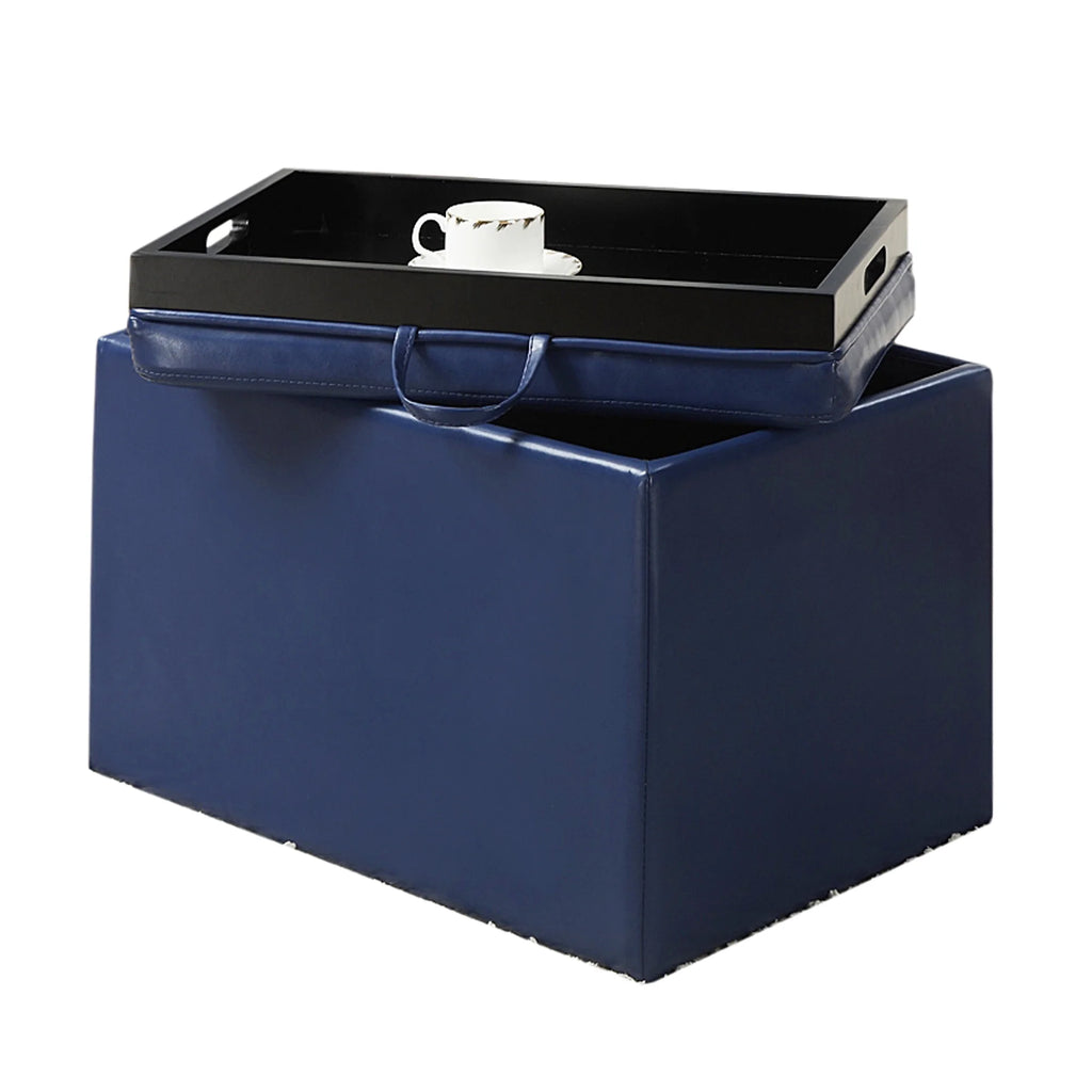 Blue Faux Leather Storage Ottoman with Reversible Tray J575763