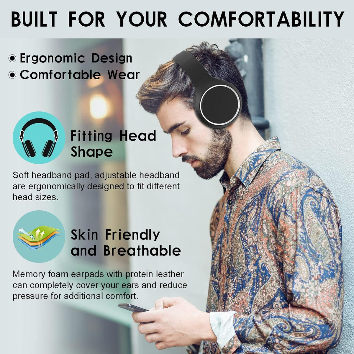 Black Bluetooth Over Ear Headphones with Mic B1849