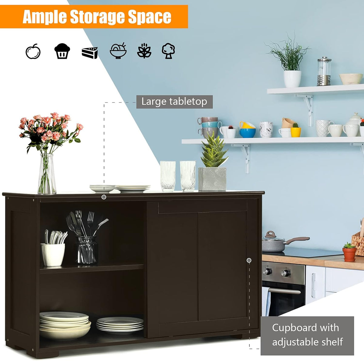 Brown Double-Layer Sliding Slat Door Storage Cabinet G1874