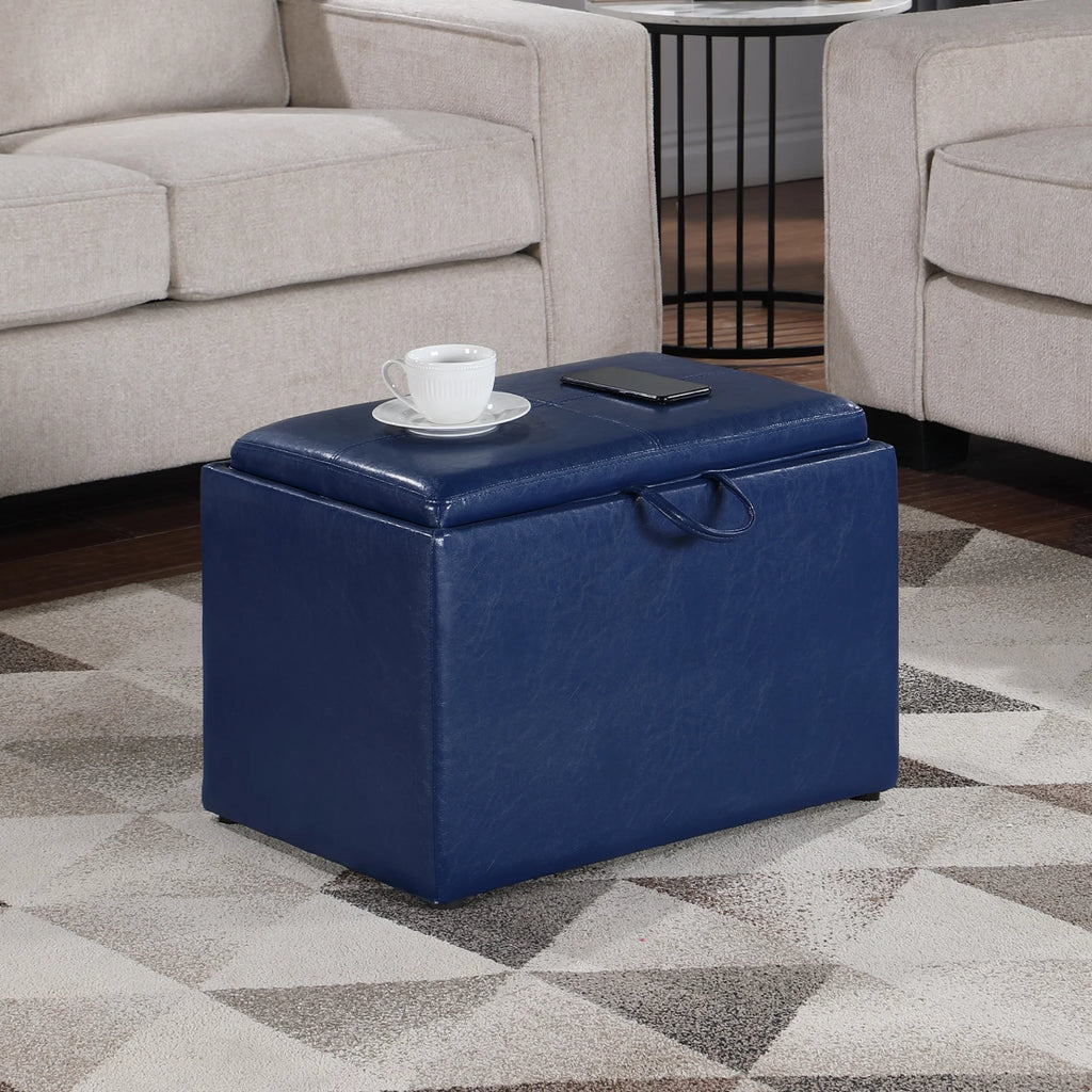 Blue Faux Leather Storage Ottoman with Reversible Tray J575763