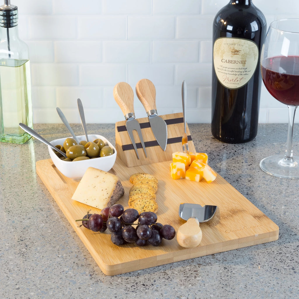 9 Piece Bamboo Cheese Serving Tray Set with Stainless Steel Cutlery and Dip Dish E675523