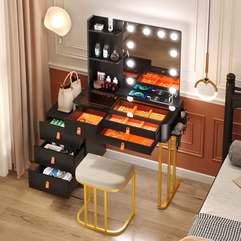 Black Makeup Vanity Desk Set with Mirror and Led Lights D5938