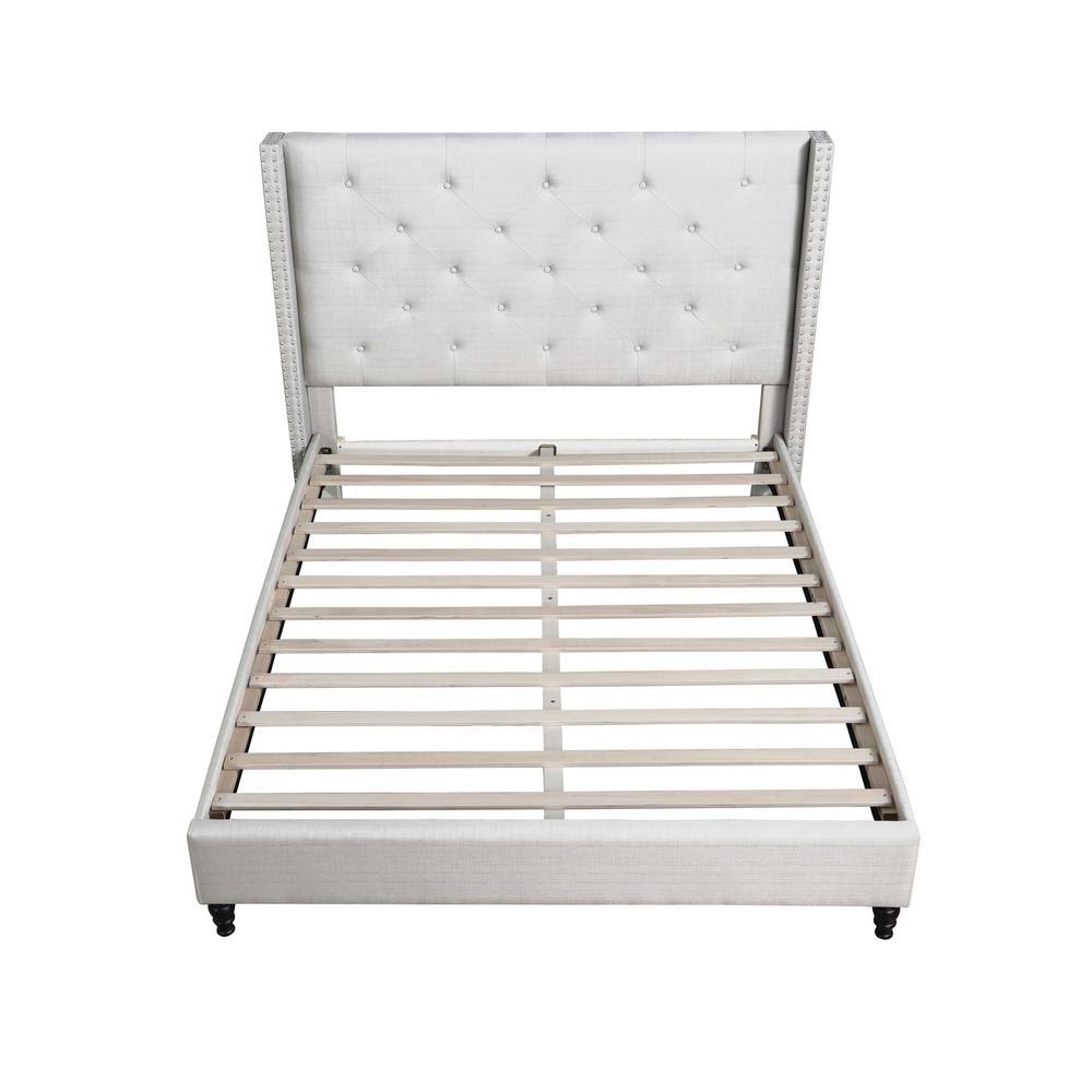 Beige Linen Blend Upholstered Wingback Platform Bed P476762