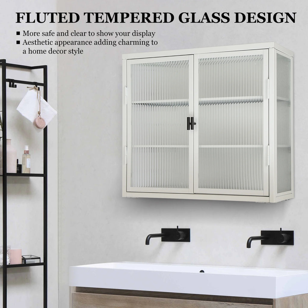 Retro Style Double Glass Door Wall Cabinet with Detachable Shelves White M314