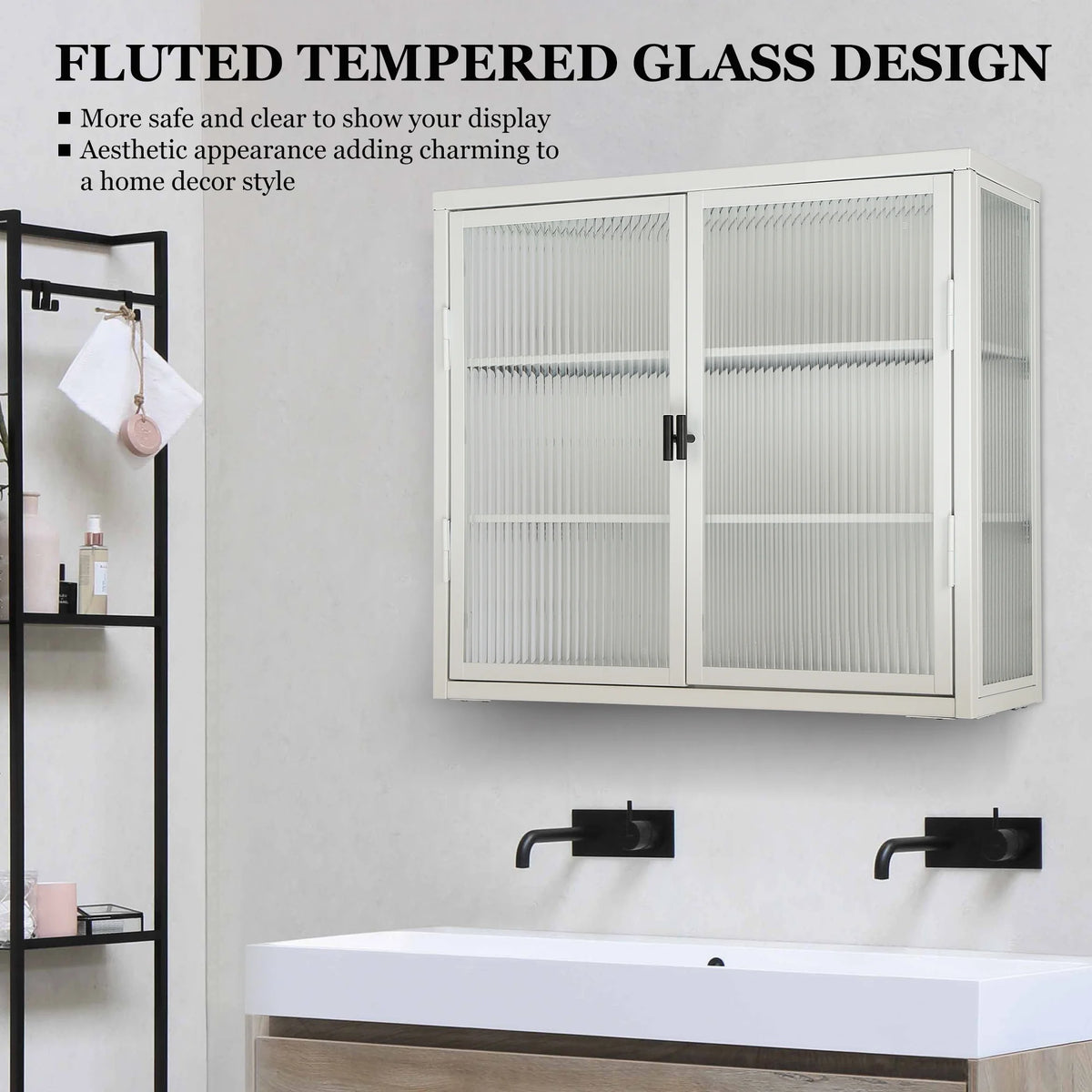 Retro Style Double Glass Door Wall Cabinet with Detachable Shelves White M314