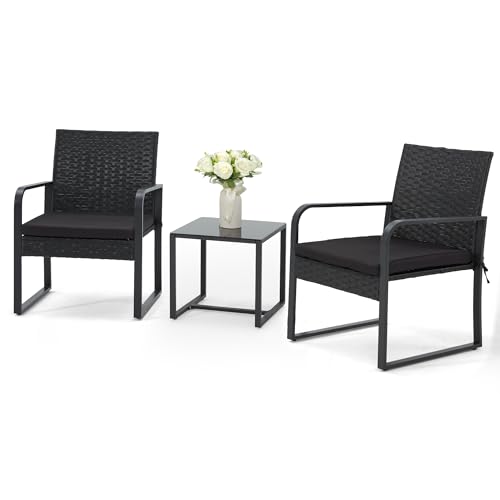 3 Piece Wicker Patio Bistro Set with Glass Coffee Table Q312