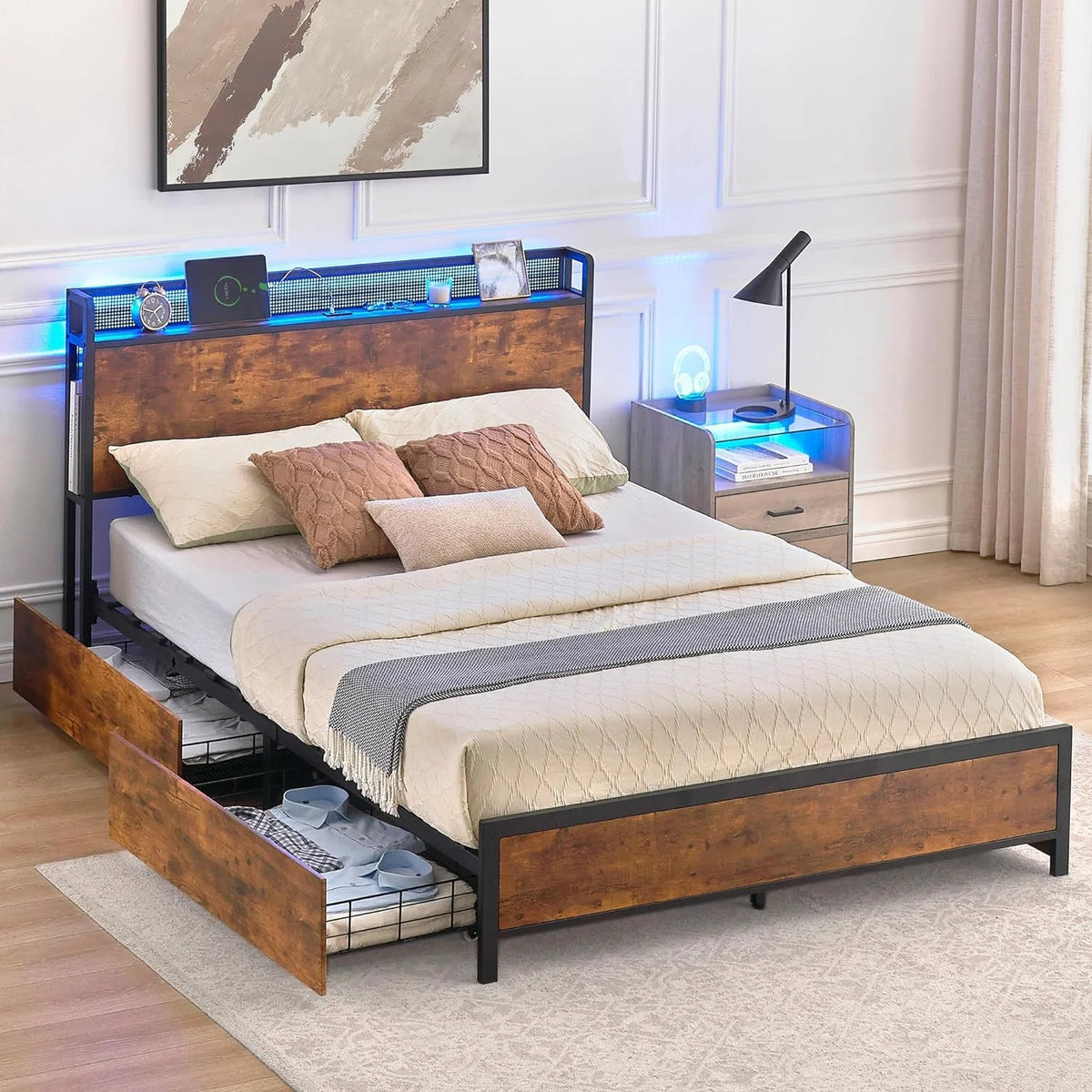 Queen Bed Frame with Storage Drawers and Charging Station D59369