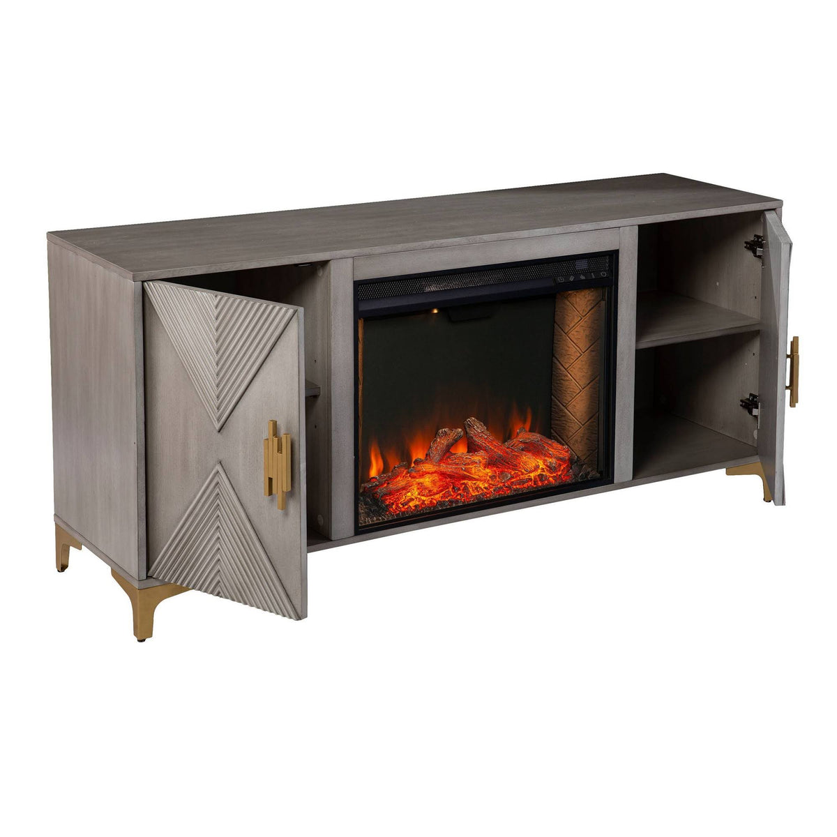 Gray/Gold Smart Fireplace with Media Storage O755768
