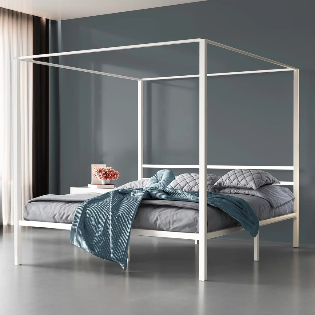 White 14 Inch Metal Canopy Platform Bed Frame with Headboard Twin Size O7281