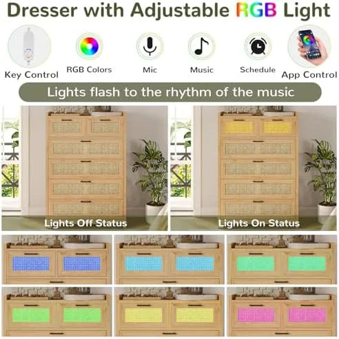 Rattan 6 Drawer Wood Dresser with LED Lights C320