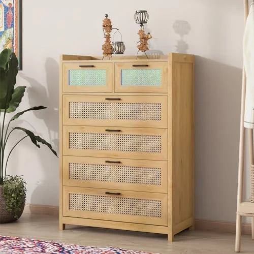 Rattan 6 Drawer Wood Dresser with LED Lights C320