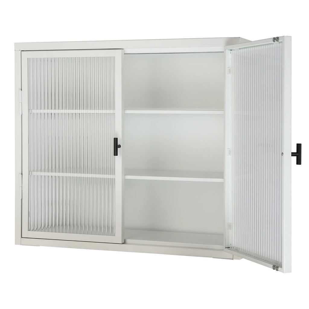 Retro Style Double Glass Door Wall Cabinet with Detachable Shelves White M314