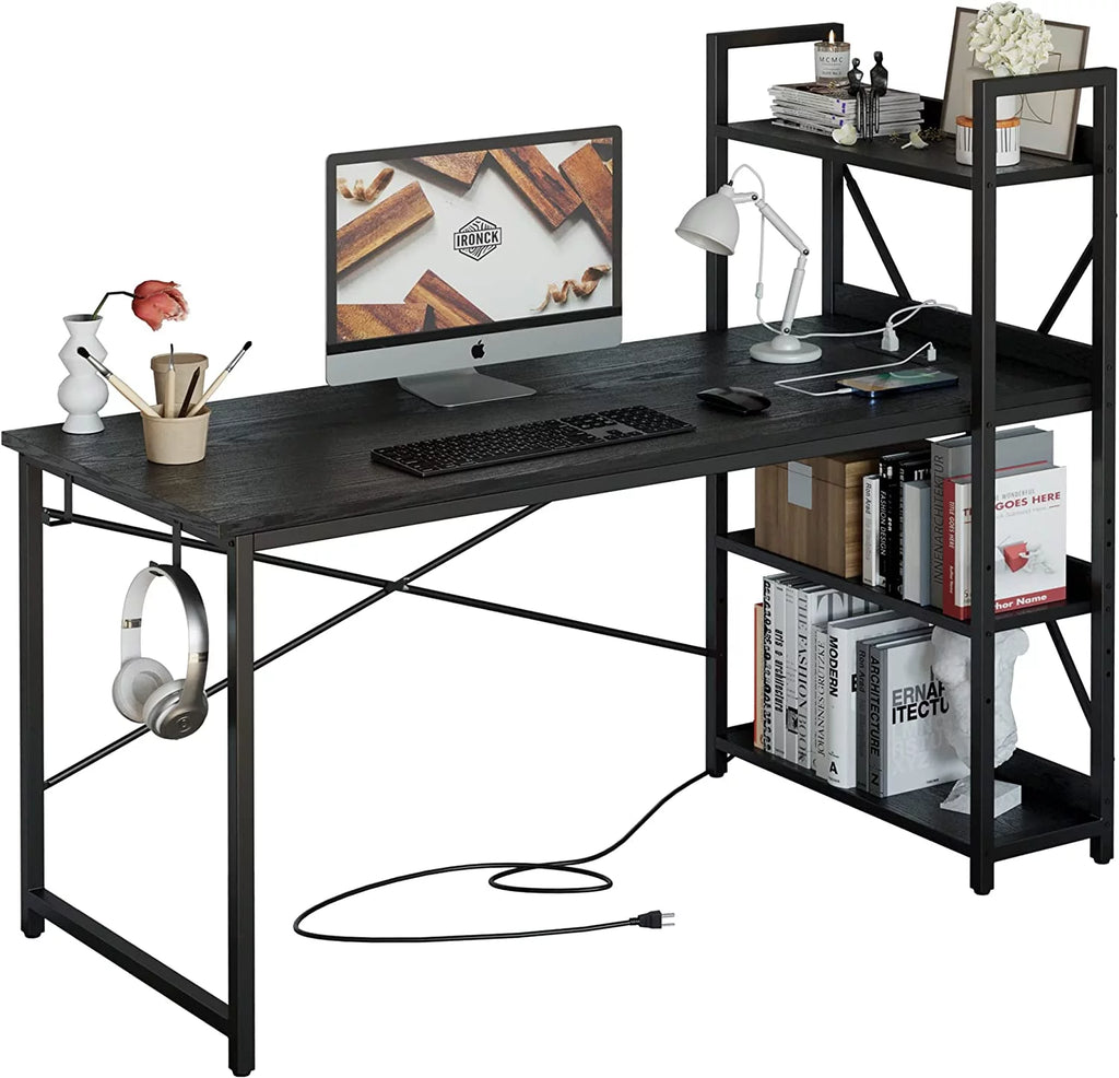 55" Computer Desk with Power Outlet and Storage Shelves W244