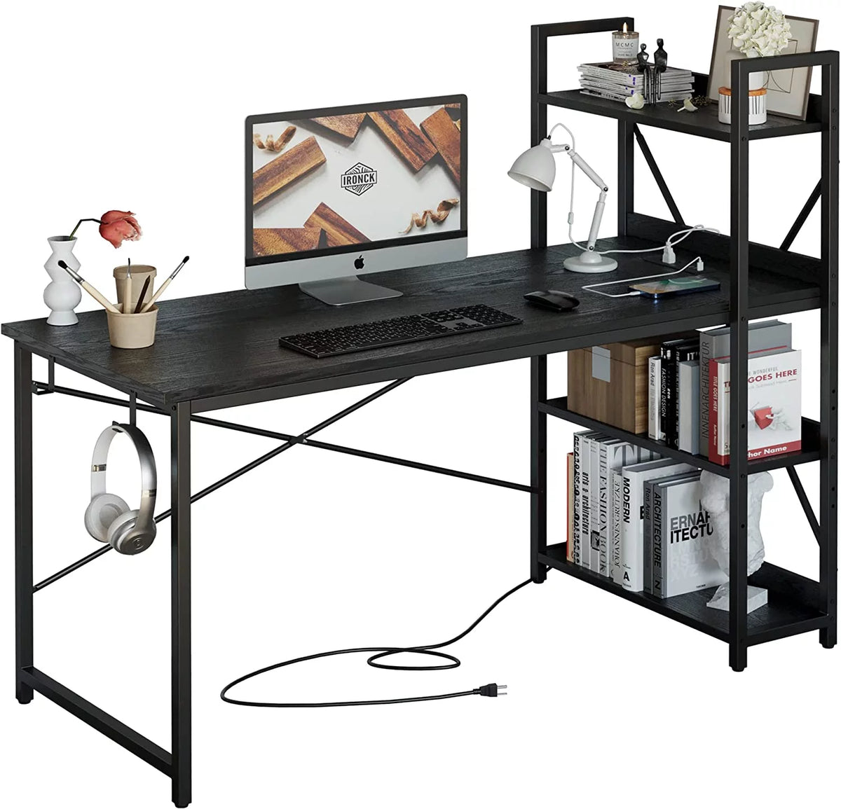 55" Computer Desk with Power Outlet and Storage Shelves W244