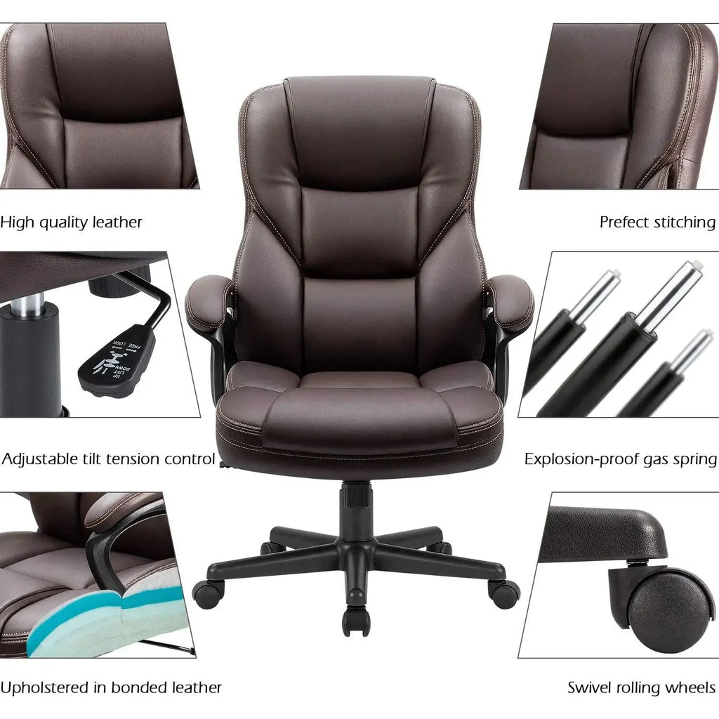 Brown Faux Leather High-Back Office Chair with Lumbar Support W749