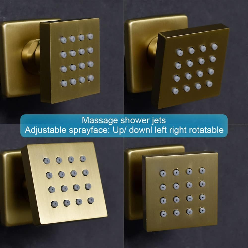 Brushed Gold Wall Mounted 12 Inch LED Rainfall Shower System With 6 PCS Body Jets Q768
